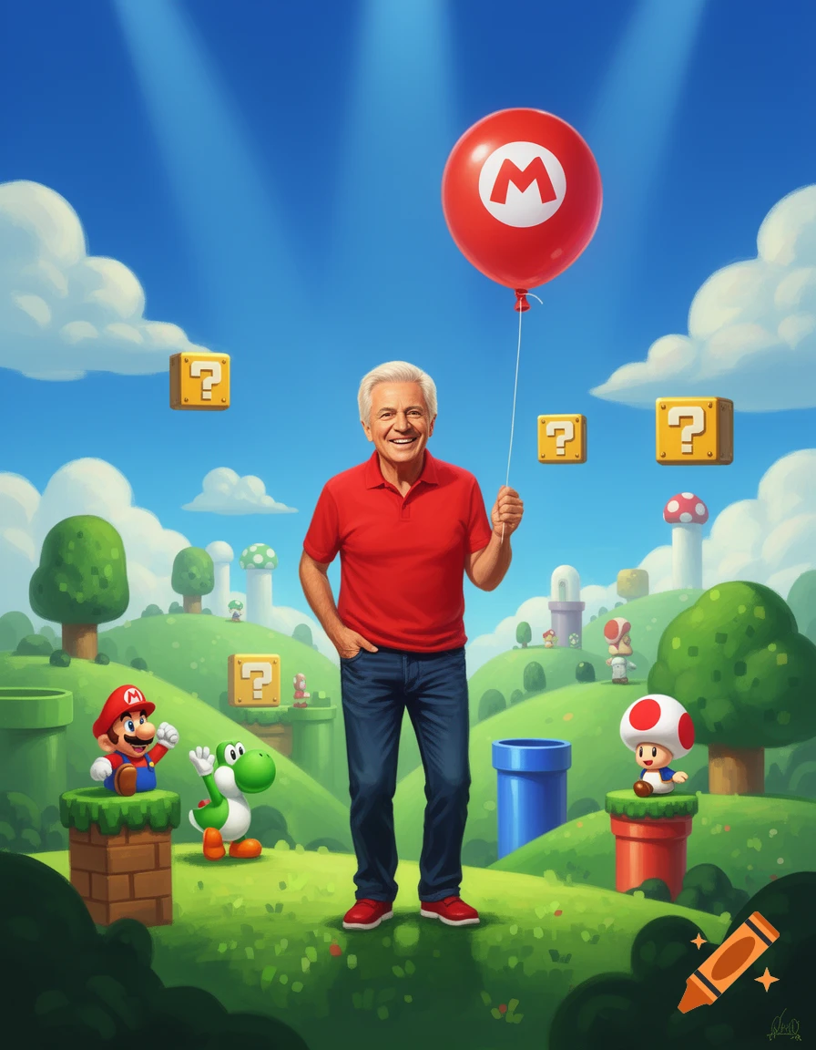 A man resembling Gerry Scotti holds a red balloon with an 'M' in a vibrant Super Mario landscape with Mario, Yoshi, and Toad characters.