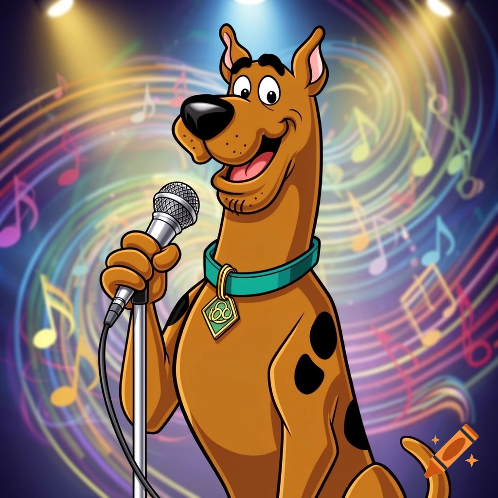 A cartoon Scooby-Doo holds a silver microphone on a stage with colorful musical notes and spotlights.