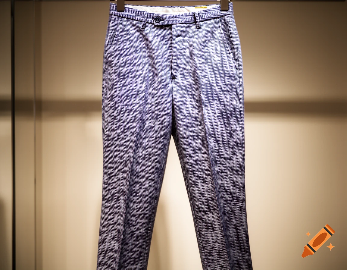 A pair of blue and white patterned cotton twill trousers hanging on a hanger, against a light background.