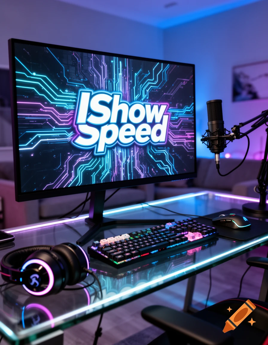 A glowing neon-lit gaming desk with a monitor displaying "IShowSpeed", microphone, keyboard, mouse, and headphones.