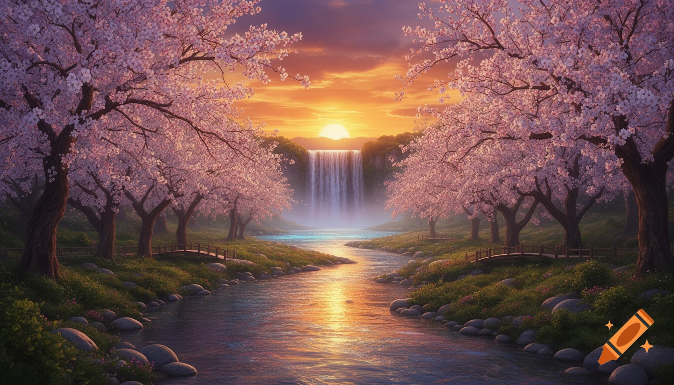 A fantasy landscape with a sunset behind a waterfall, a winding river, and pink cherry blossom trees lining the banks.