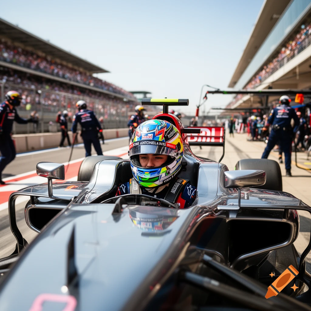 A race car driver in a colorful helmet sits in a silver open-wheel race car on a sunny track, with pit crew and grandstands in the background.