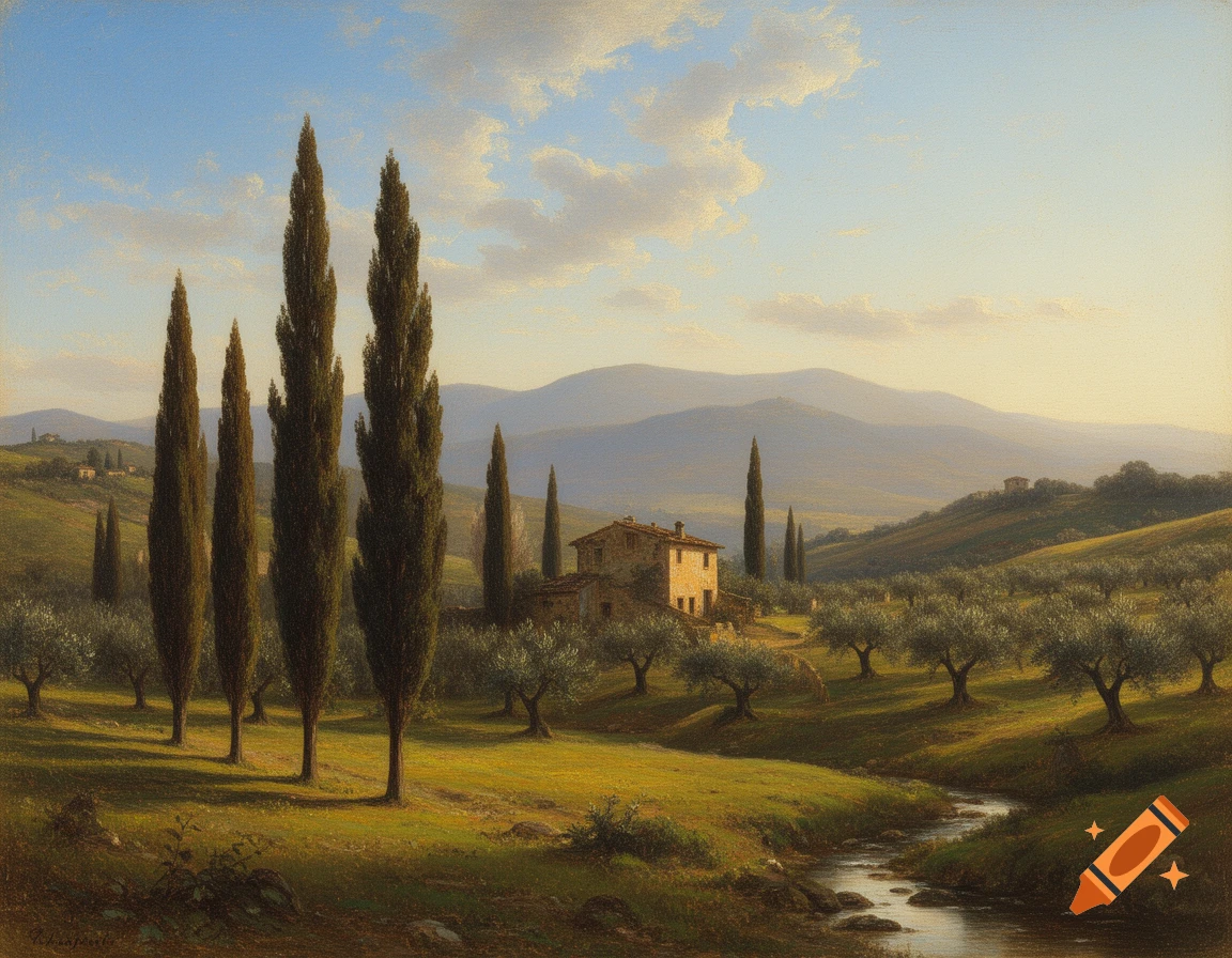 Painterly landscape of an Italian countryside with tall cypress trees, olive groves, a stone house, and a winding stream.