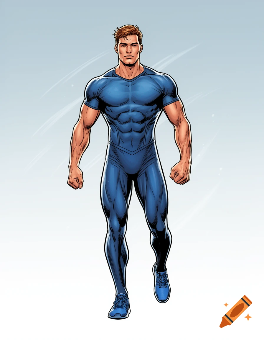 A muscular man in a blue, form-fitting superhero suit stands confidently, rendered in a comic art style.