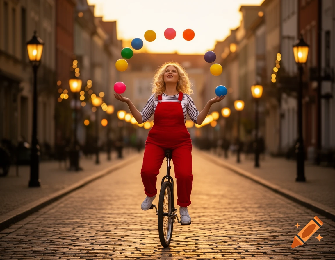 A blonde woman in red overalls balances on a unicycle, juggling colorful balls on a cobblestone street at sunset.