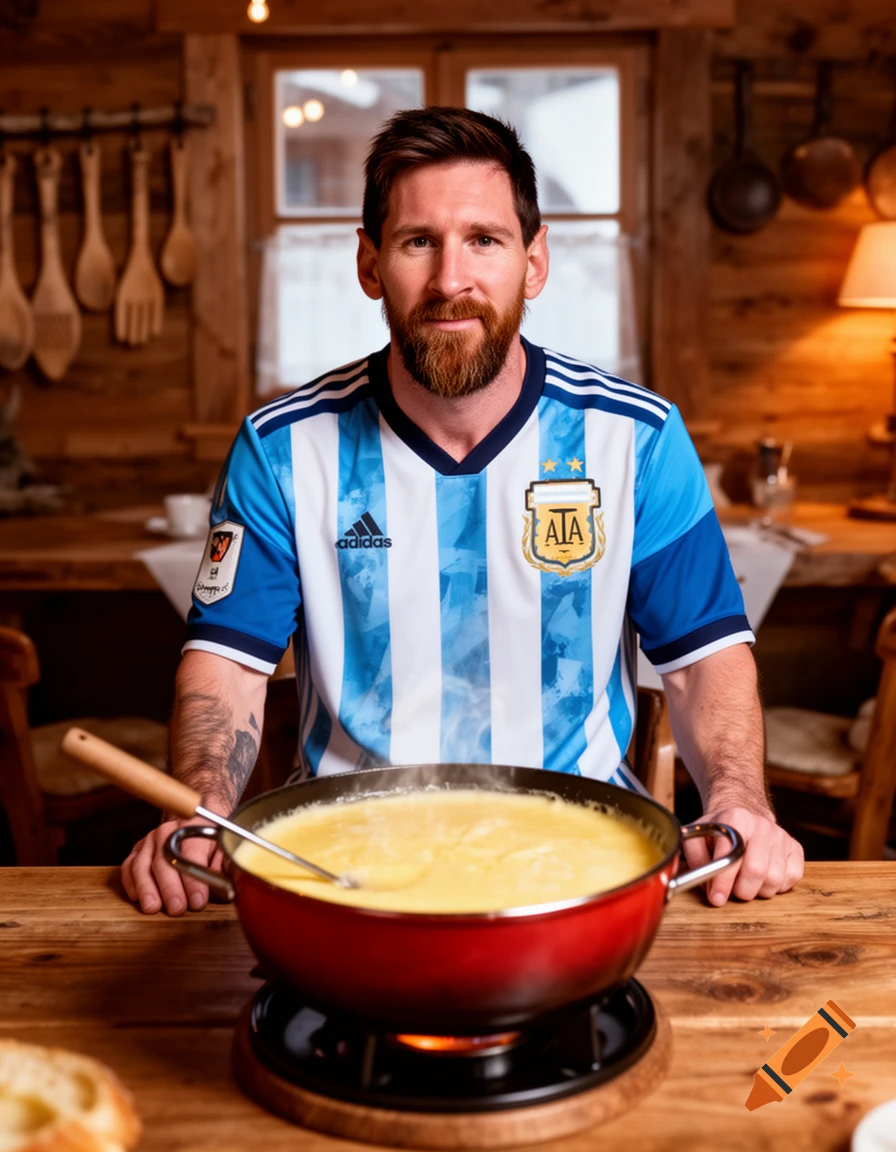 Lionel Messi in an Argentina soccer jersey sits at a rustic wooden table with a steaming pot of cheese fondue.