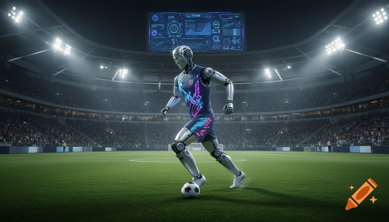 A futuristic robot soccer player in a smart uniform dribbling a ball on a stadium field under a large screen displaying data.