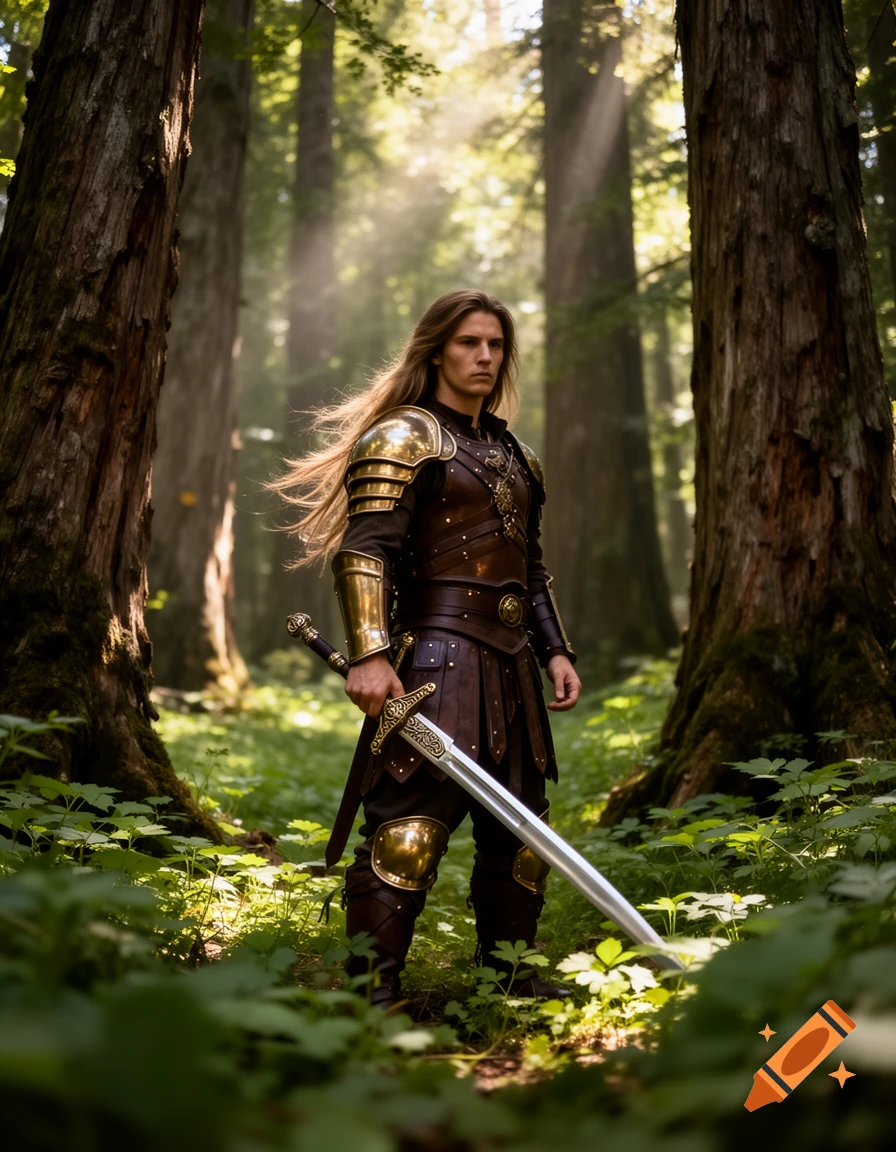 A photorealistic image of a long-haired warrior in leather and gold armor standing in a sunlit forest, holding a sword.