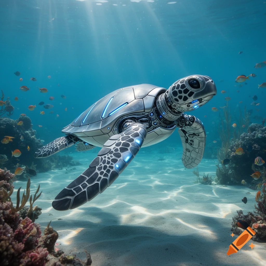 A sleek, metallic robotic sea turtle with glowing blue accents swims gracefully through a vibrant coral reef under clear ocean waters.