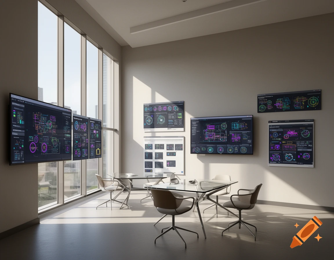 Modern exhibition room with large windows, glass tables, and numerous screens displaying colorful digital schematics and software drafts.