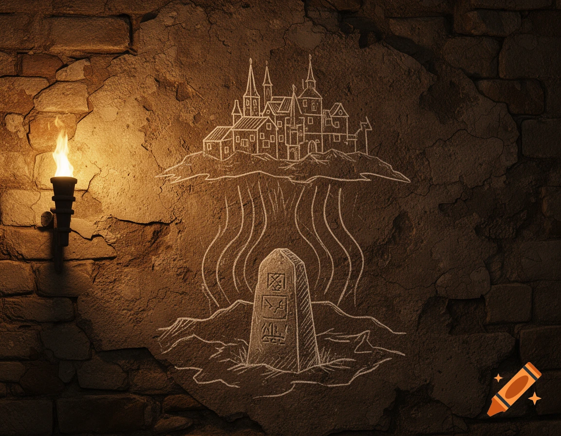 A torchlit dungeon wall with a crude white chalk map showing a town above wavy lines leading to an obelisk below ground.