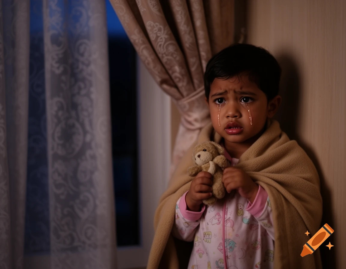 A crying young child, wrapped in a beige blanket, holding a small teddy bear while looking sad indoors.