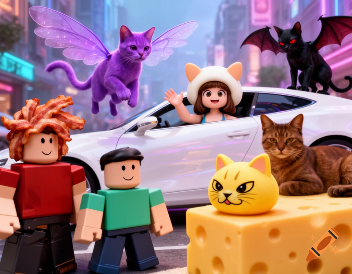 Roblox characters and a mochi girl in a white car with flying fantasy cats, a brown cat, and a yellow cat head on a cheese block on a city street.