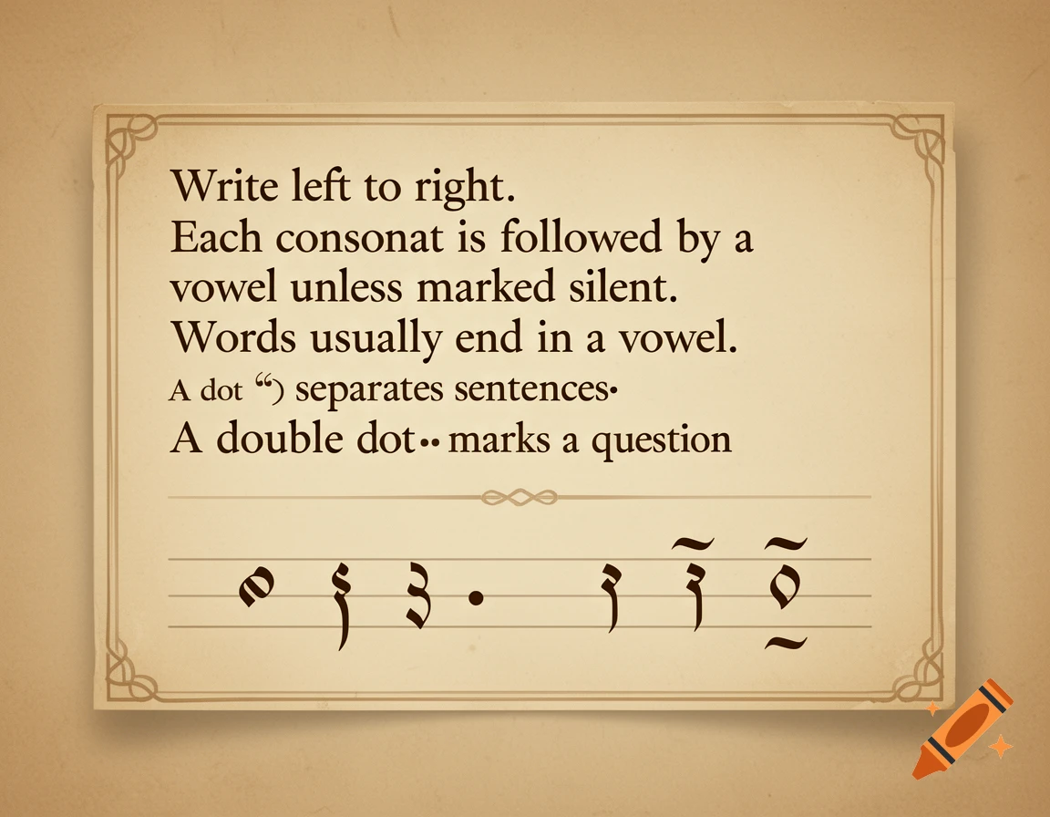 A beige card with writing rules in English and stylized script below, against a textured background.