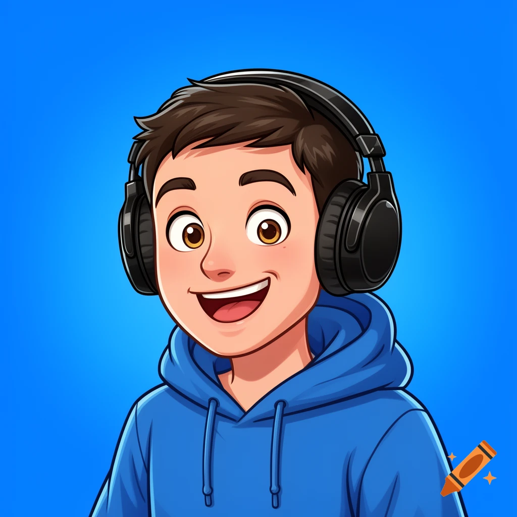 Cartoon boy with brown hair and eyes, smiling, wearing black headphones and a blue hoodie against a bright blue background.