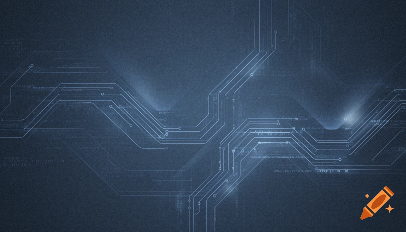 Abstract technical background with glowing circuit lines and blurred code patterns on a dark blue-grey surface.