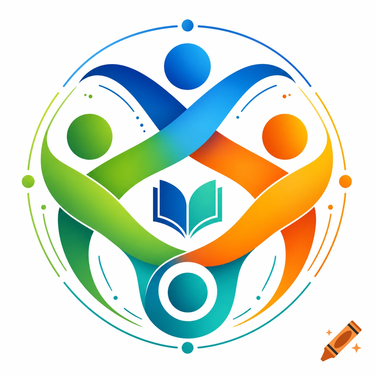 Abstract logo with intertwining blue, green, orange, and teal shapes forming a circle around an open book icon.