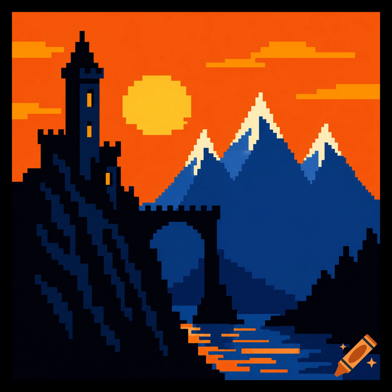 Pixel art landscape of a medieval castle on a cliff, an arch bridge, and snowy mountains under an orange sunset.