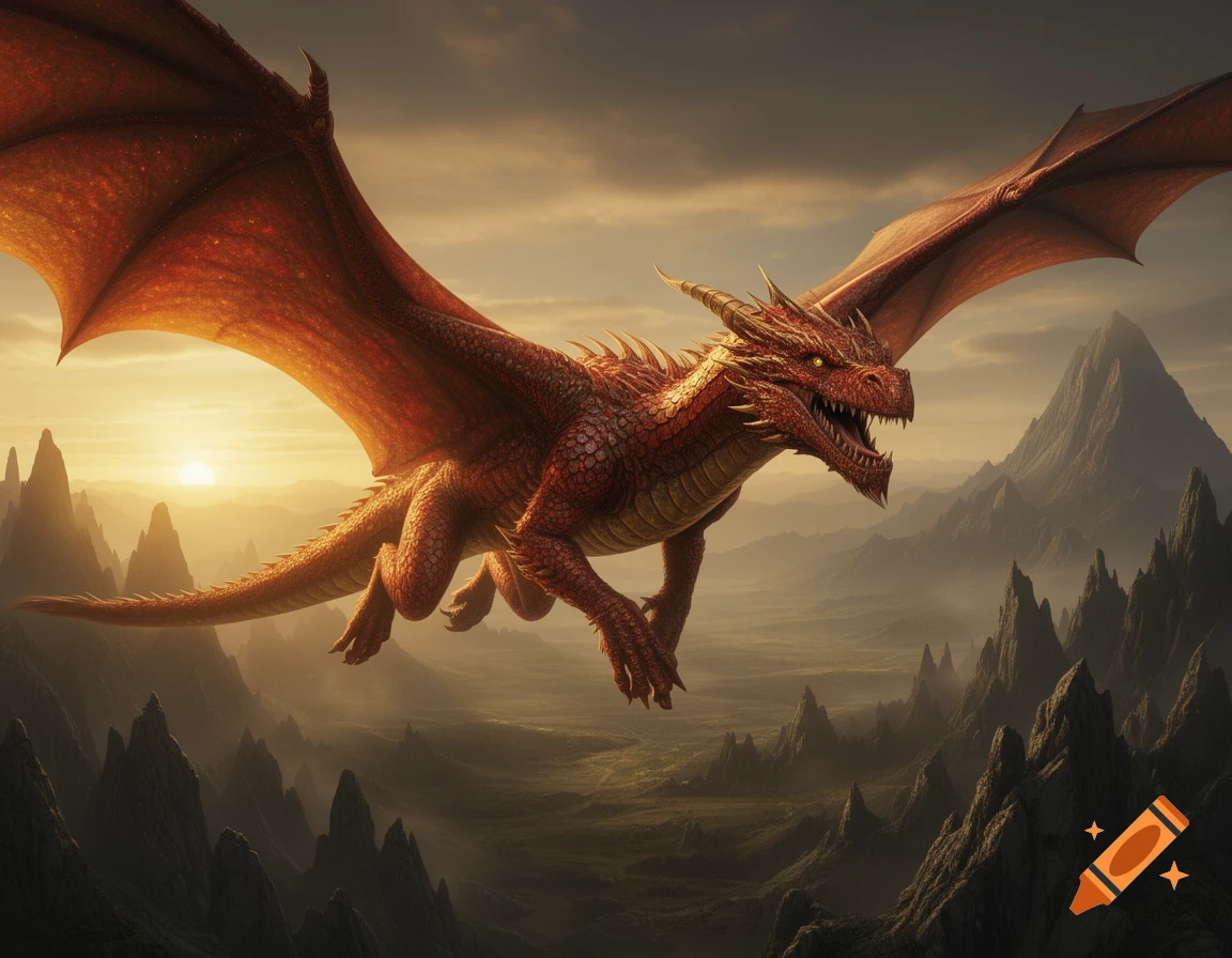 A majestic red dragon with large, leathery wings flies over a vast, misty mountain range at sunset.