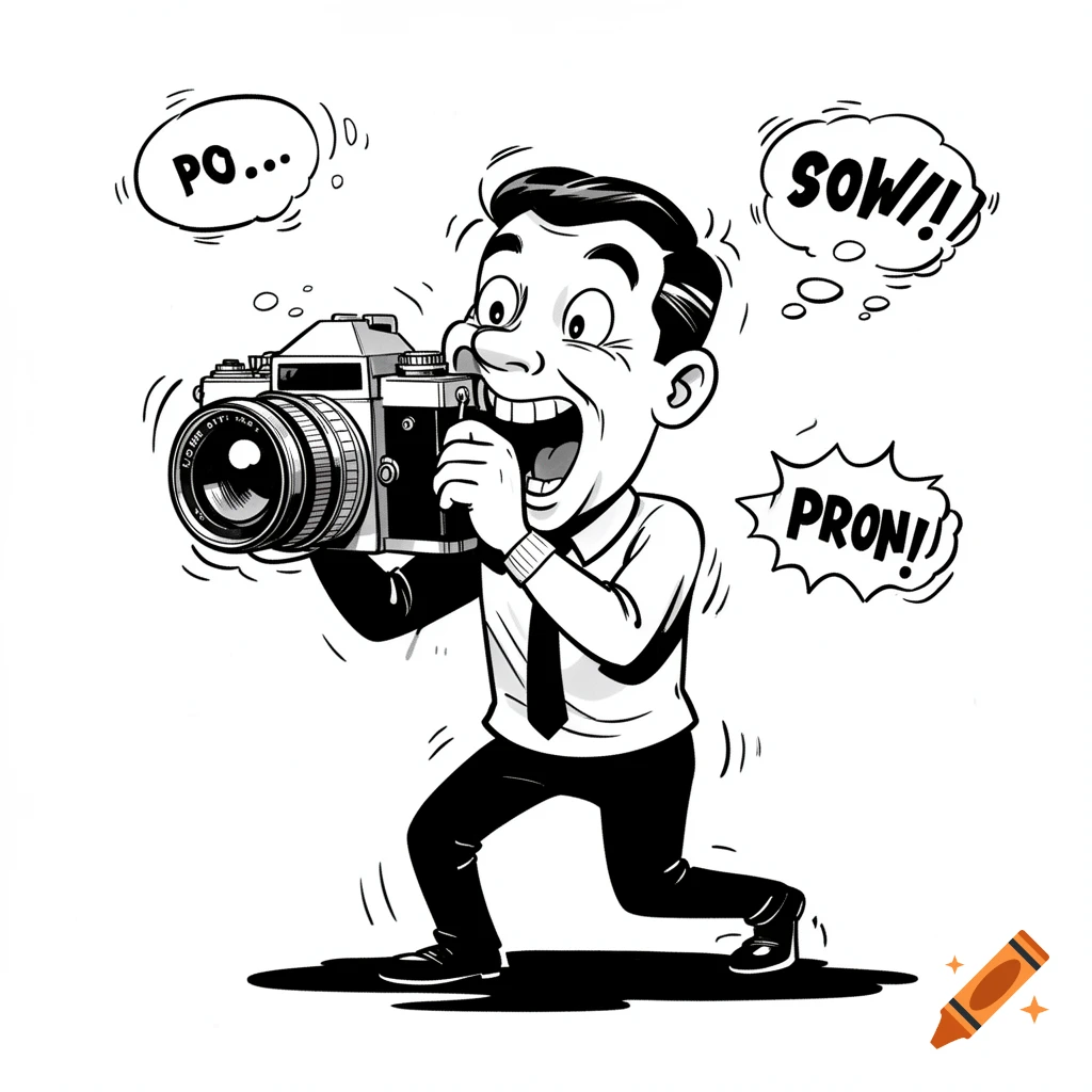 Black and white cartoon of a shocked man trying to bite a camera, with speech bubbles containing garbled text.