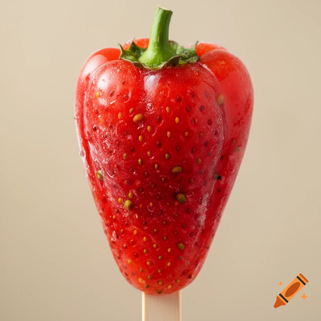 A close-up, photorealistic image of a red strawberry-pepper hybrid fruit on a wooden stick against a plain background.