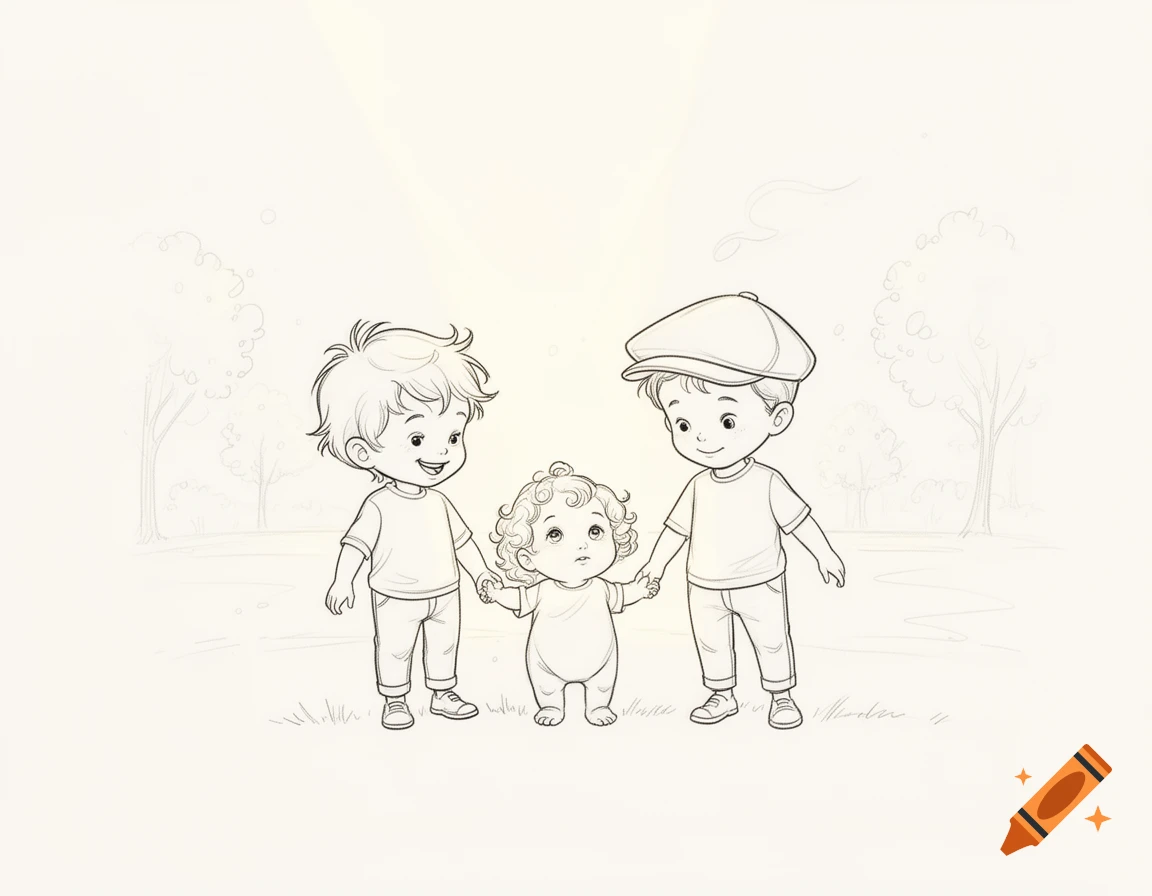 Line drawing of two little boys holding hands with a baby girl in a light, outdoor setting.