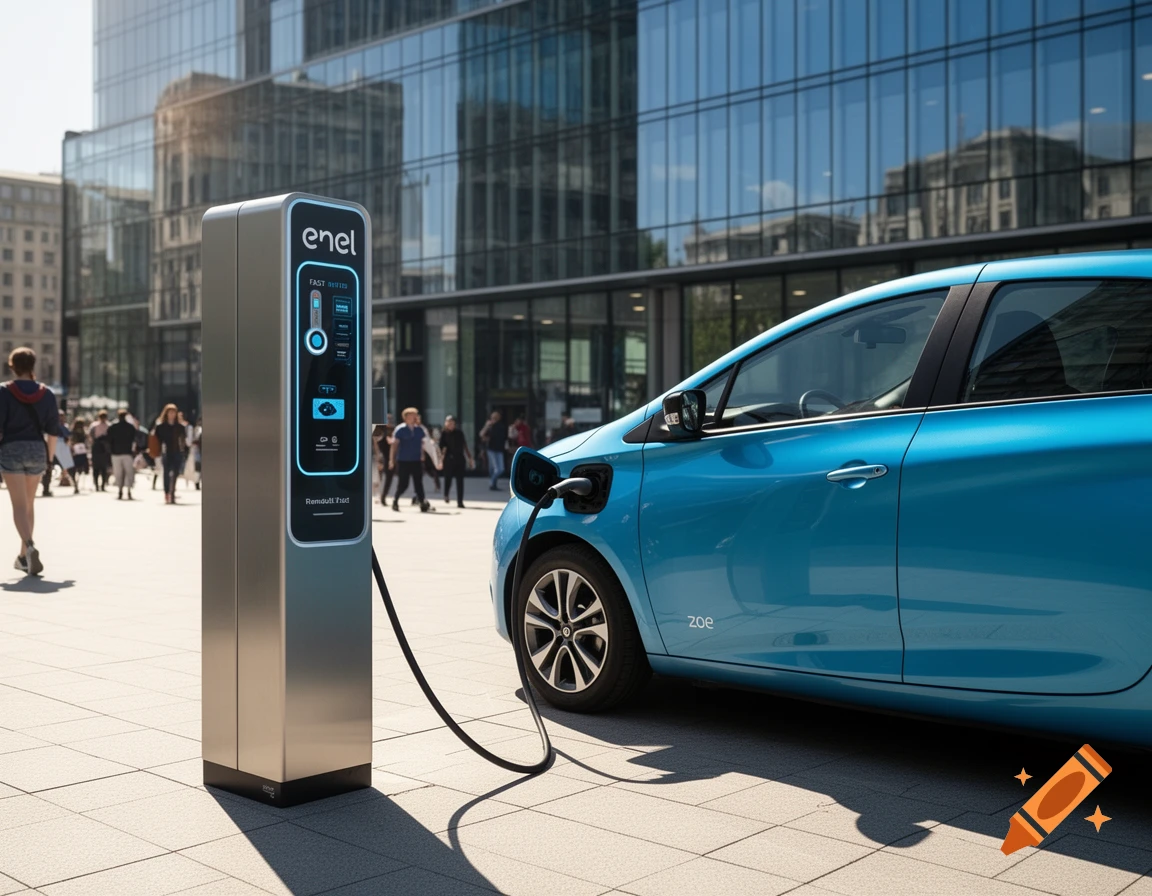 A blue Renault Zoe electric car charges at a silver Enel fast-charging station in a sunny city square.
