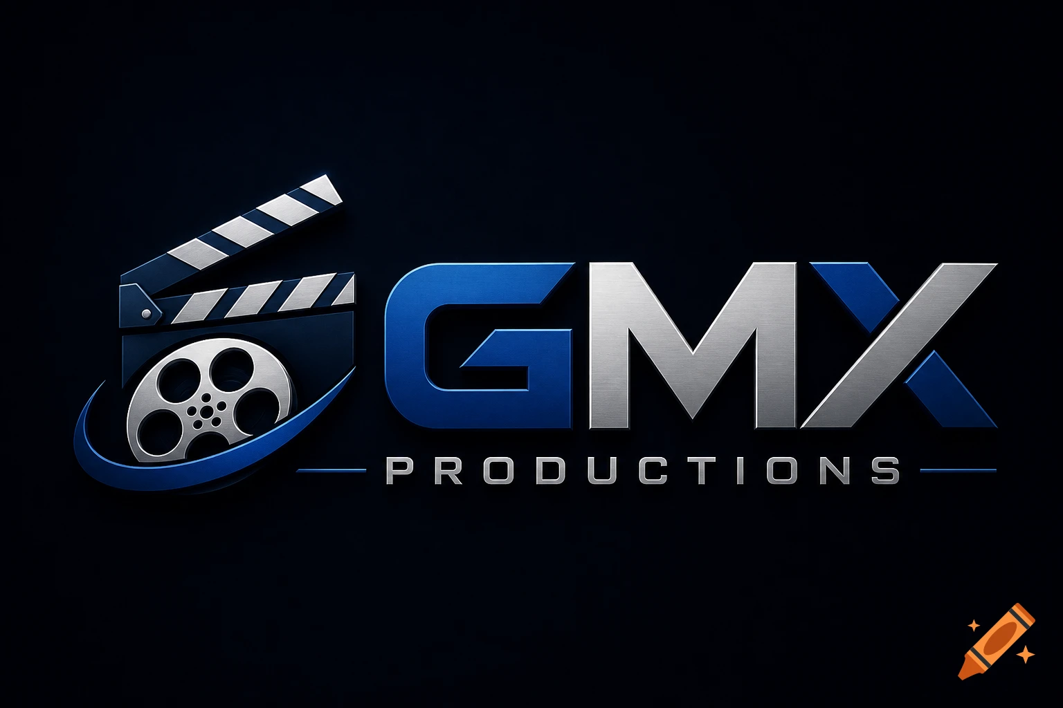 A 3D metallic GMX PRODUCTIONS logo in blue and silver, featuring a film reel and clapperboard against a dark background.
