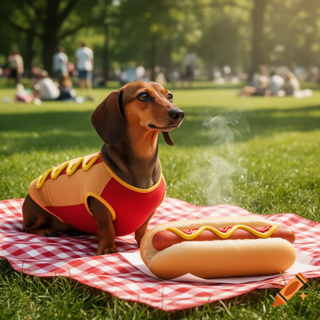A dachshund in a hotdog costume sits on a red and white checkered picnic blanket next to a steaming hotdog in a sunny park.