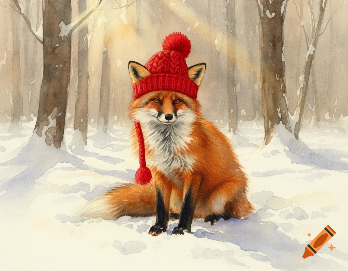 Watercolor painting of a red fox wearing a red knit hat, sitting in a snowy forest with soft sunlight.