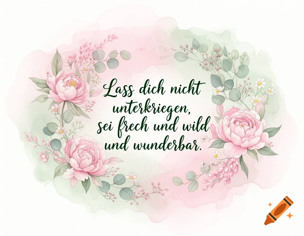 Elegant watercolor art featuring pink peonies and green eucalyptus in a wreath, with a German quote in the center.