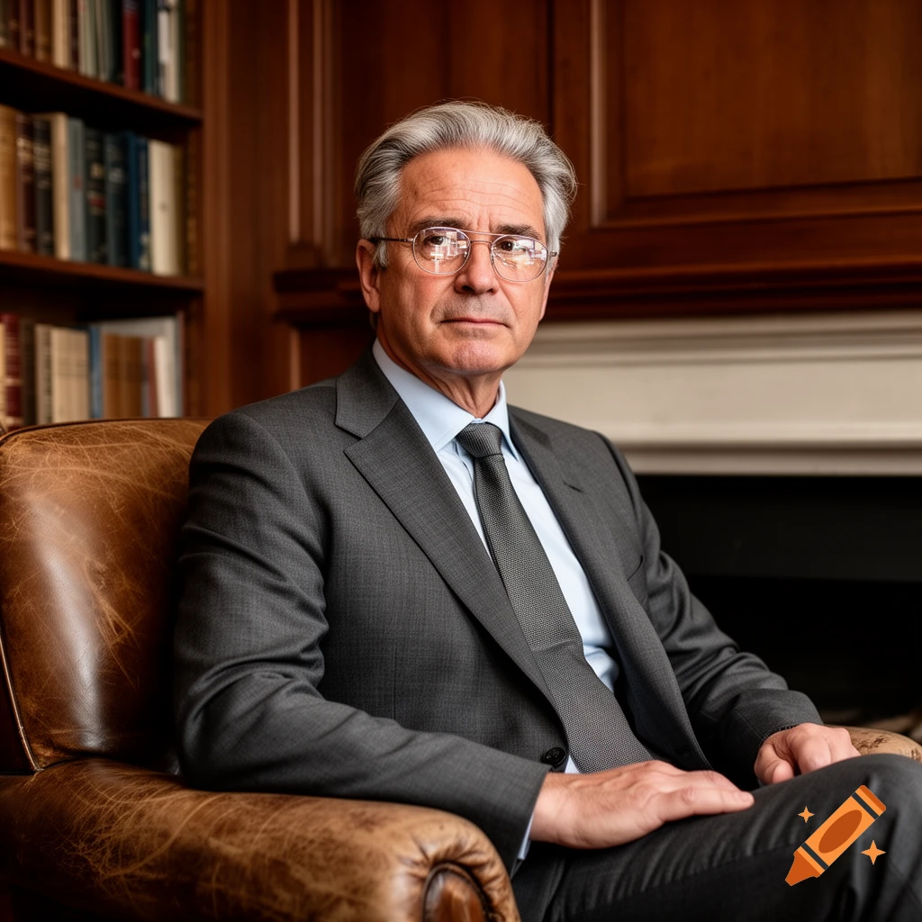 A distinguished older man with grey hair and glasses sits in a leather armchair in a library, wearing a dark grey suit and tie.