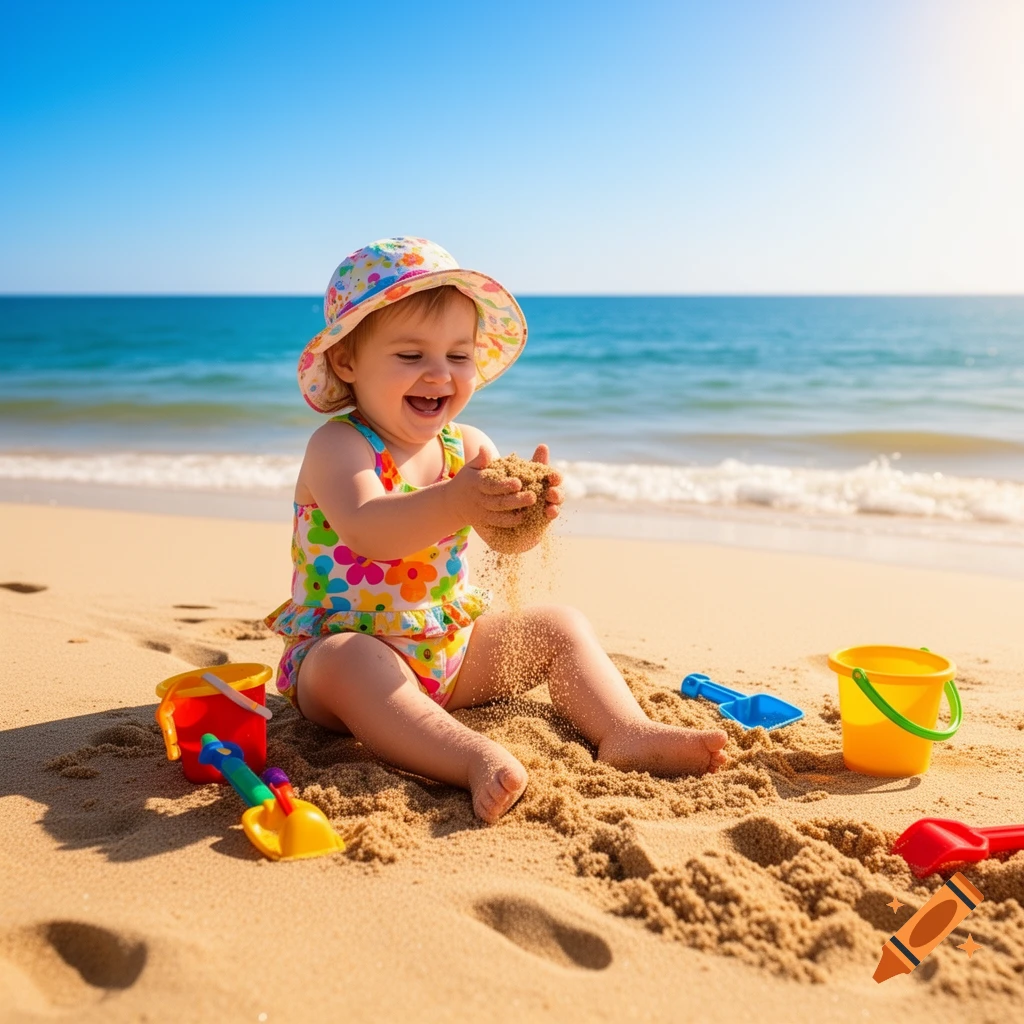 A happy baby in a colorful swimsuit and sun hat plays with sand and toy buckets on a sunny beach.