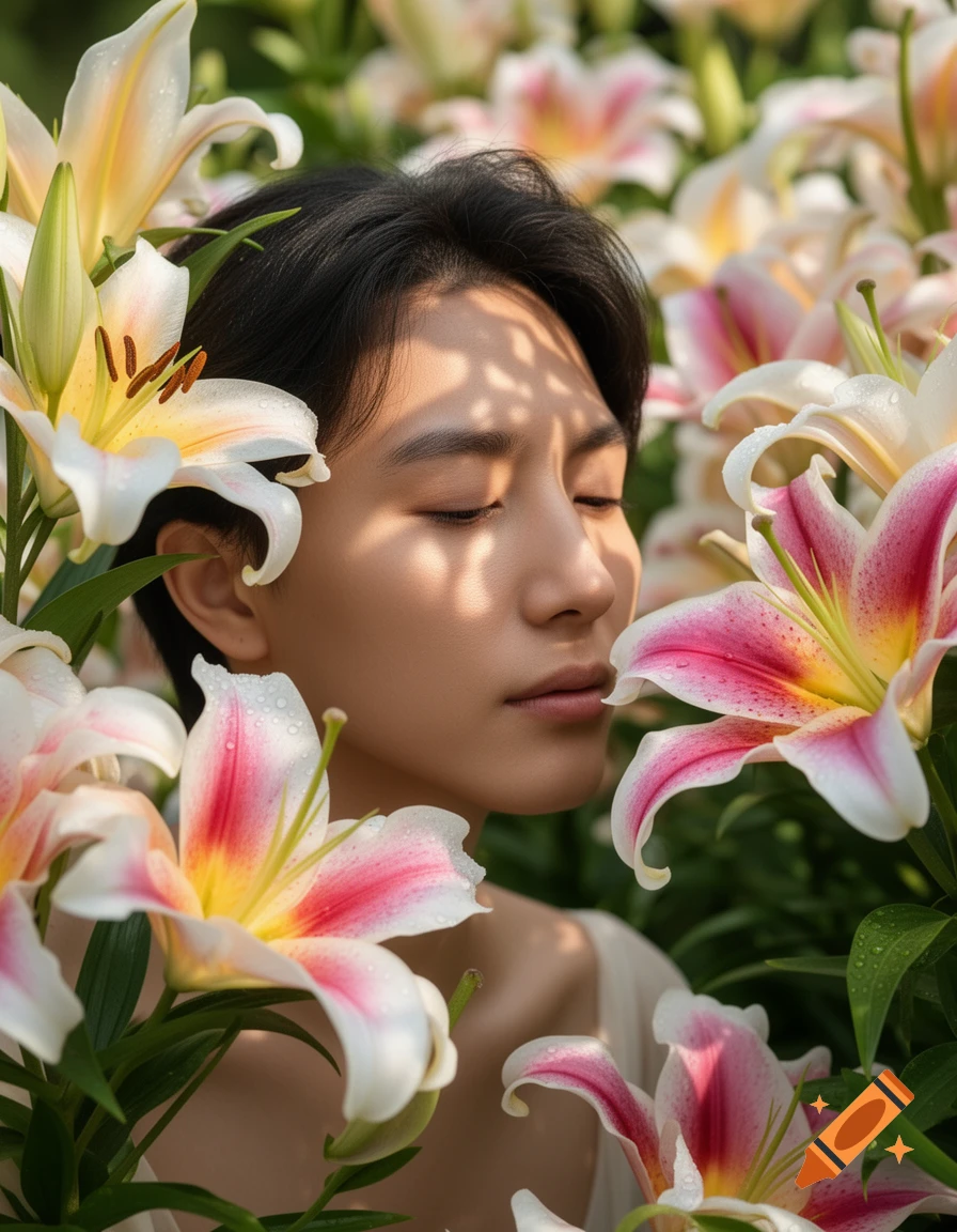 Close-up photorealistic portrait of a person with closed eyes, surrounded by white and pink lilies, sunlight on their face.