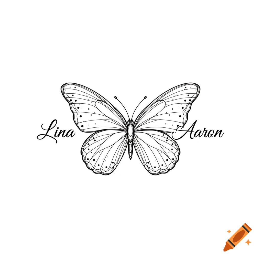 Line art drawing of a butterfly with the name 'Lina' on its left wing and 'Aaron' on its right wing.