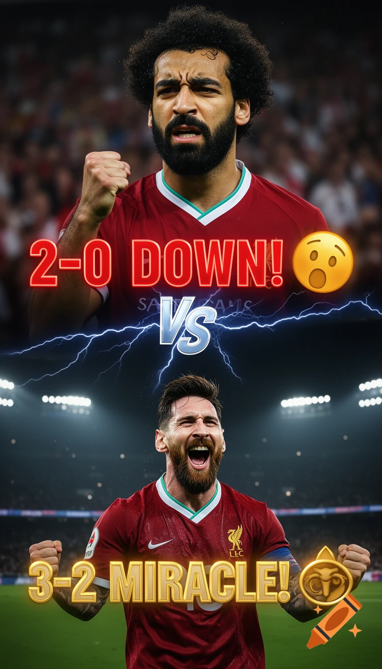 Vertical split image of frustrated Mohamed Salah with '2-0 DOWN!' above celebrating Lionel Messi with '3-2 MIRACLE!'. VS lightning divider.