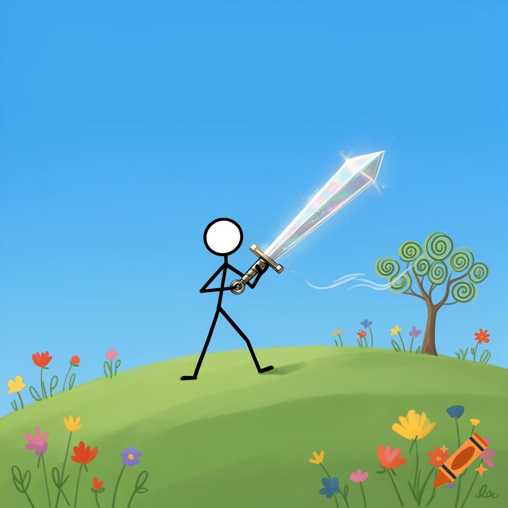 A cartoon stick figure stands on a green hill with colorful flowers, holding a gleaming, crystal-like sword, under a blue sky.