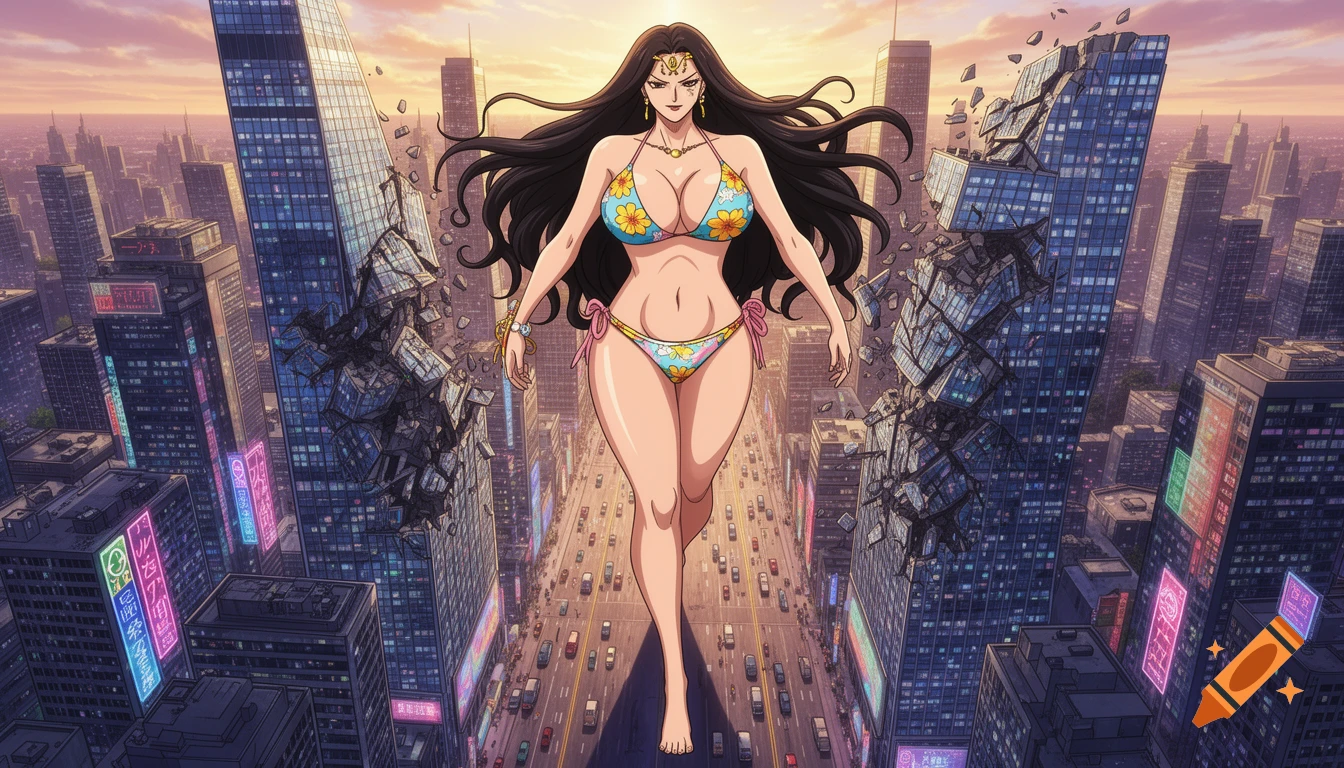 An anime giantess in a floral bikini walks through a modern city, dwarfing skyscrapers that crumble around her at sunset.