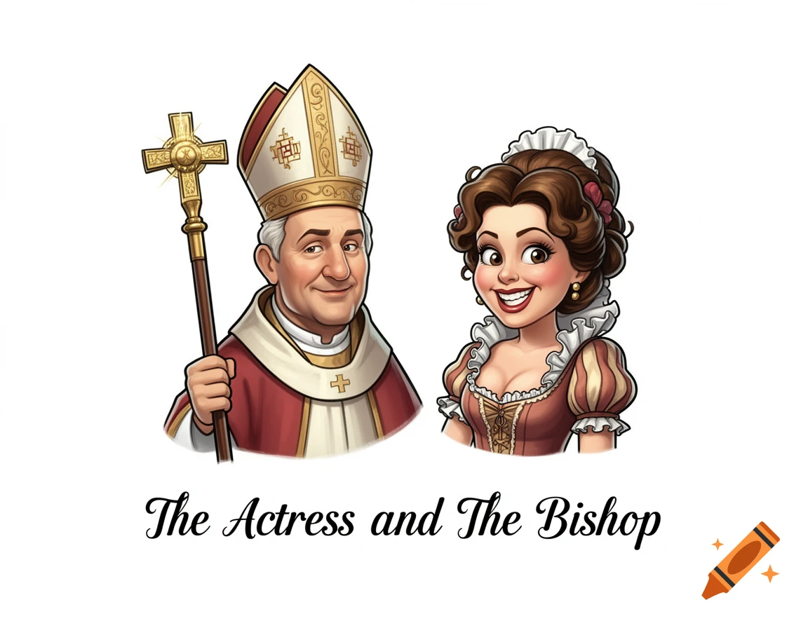 Cartoon illustration of a smiling bishop in a mitre holding a staff next to an actress in a buxom costume. A caption below reads "The Actress and The Bishop".