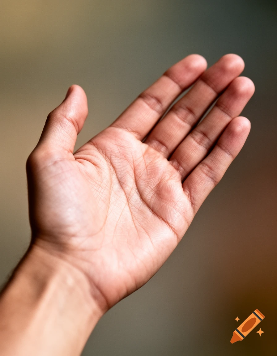 A close-up, top-down view of an open palm and fingers with a blurred background.