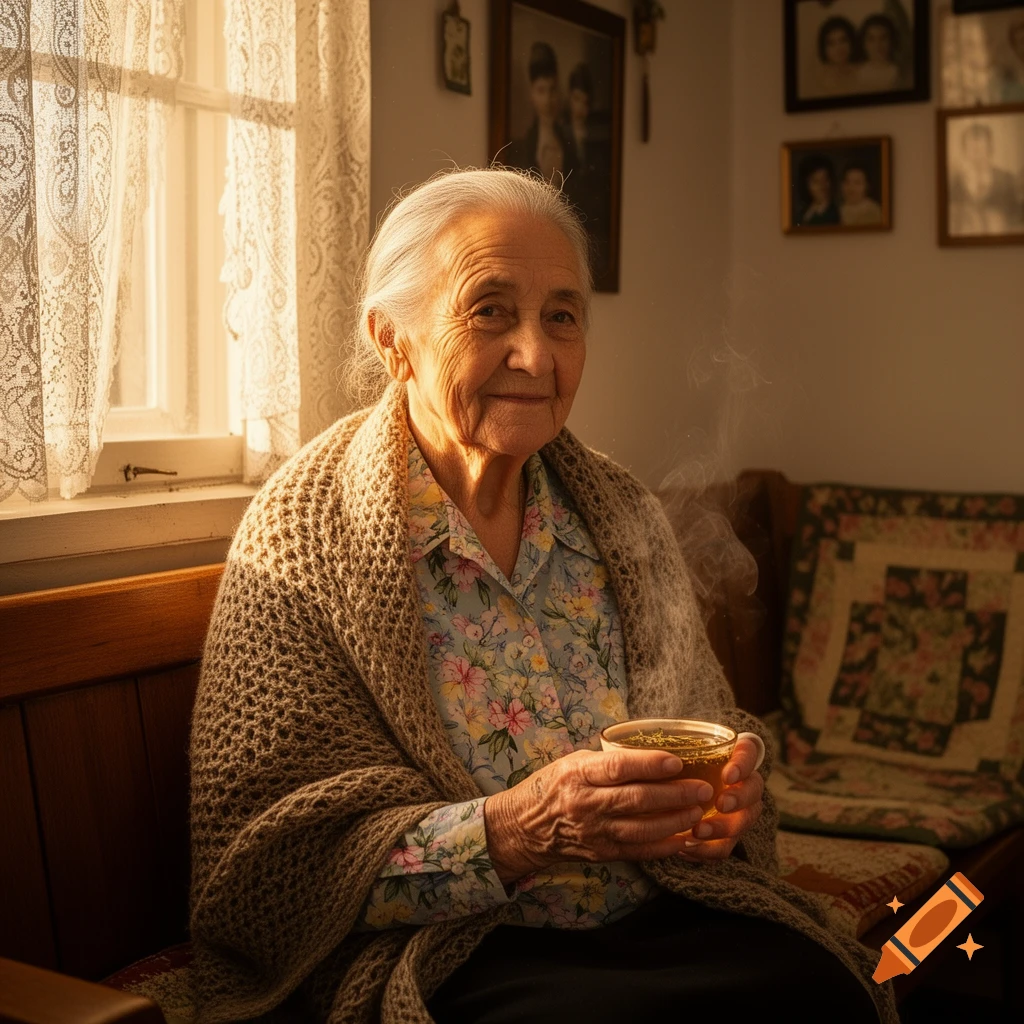 A smiling elderly woman with white hair sits by a sunny window, holding a steaming cup of tea, wearing a floral shirt and knitted shawl.