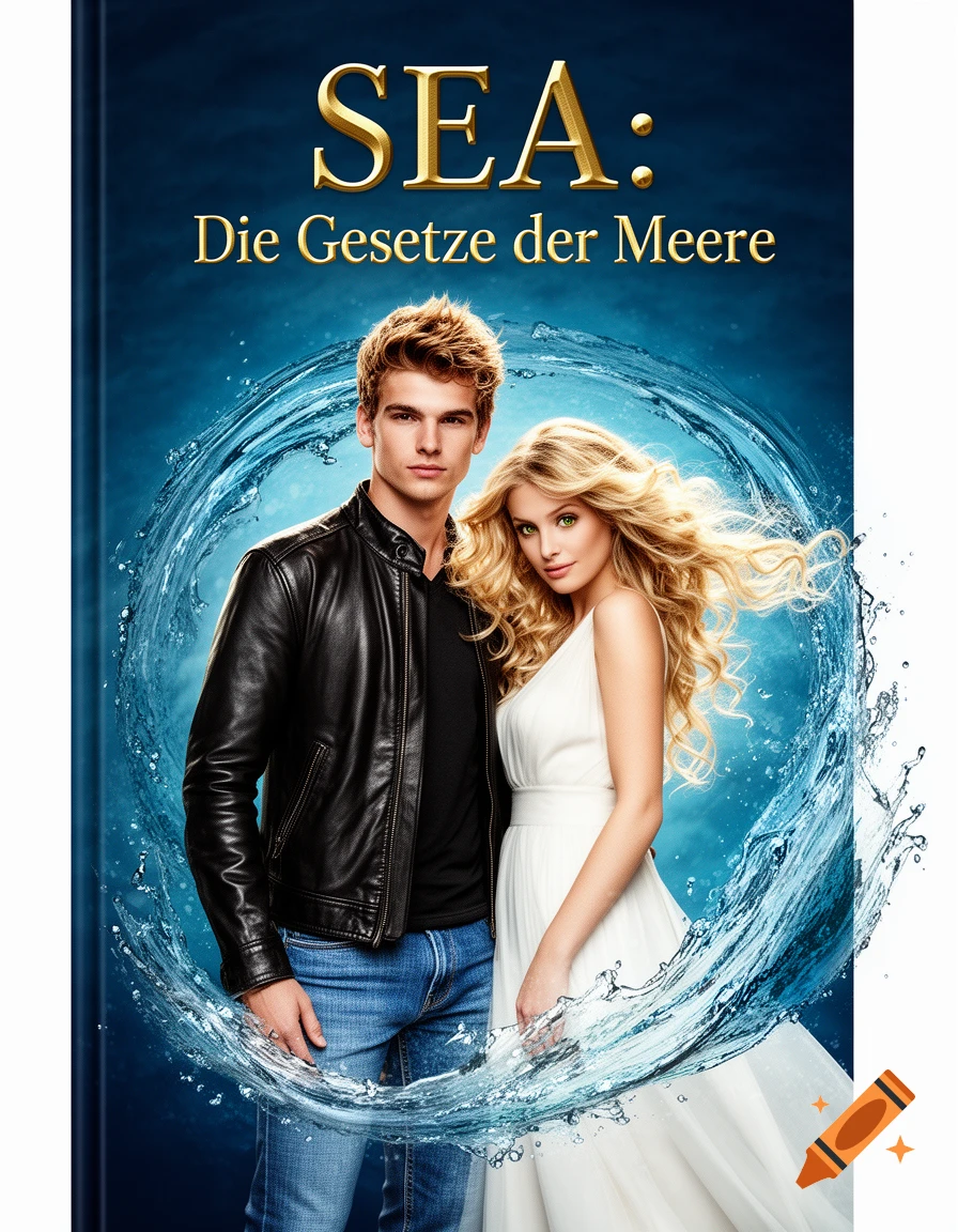 Photorealistic book cover featuring a man in a leather jacket and a woman in a white dress, surrounded by swirling water, titled 'SEA: Die Gesetze der Meere'.