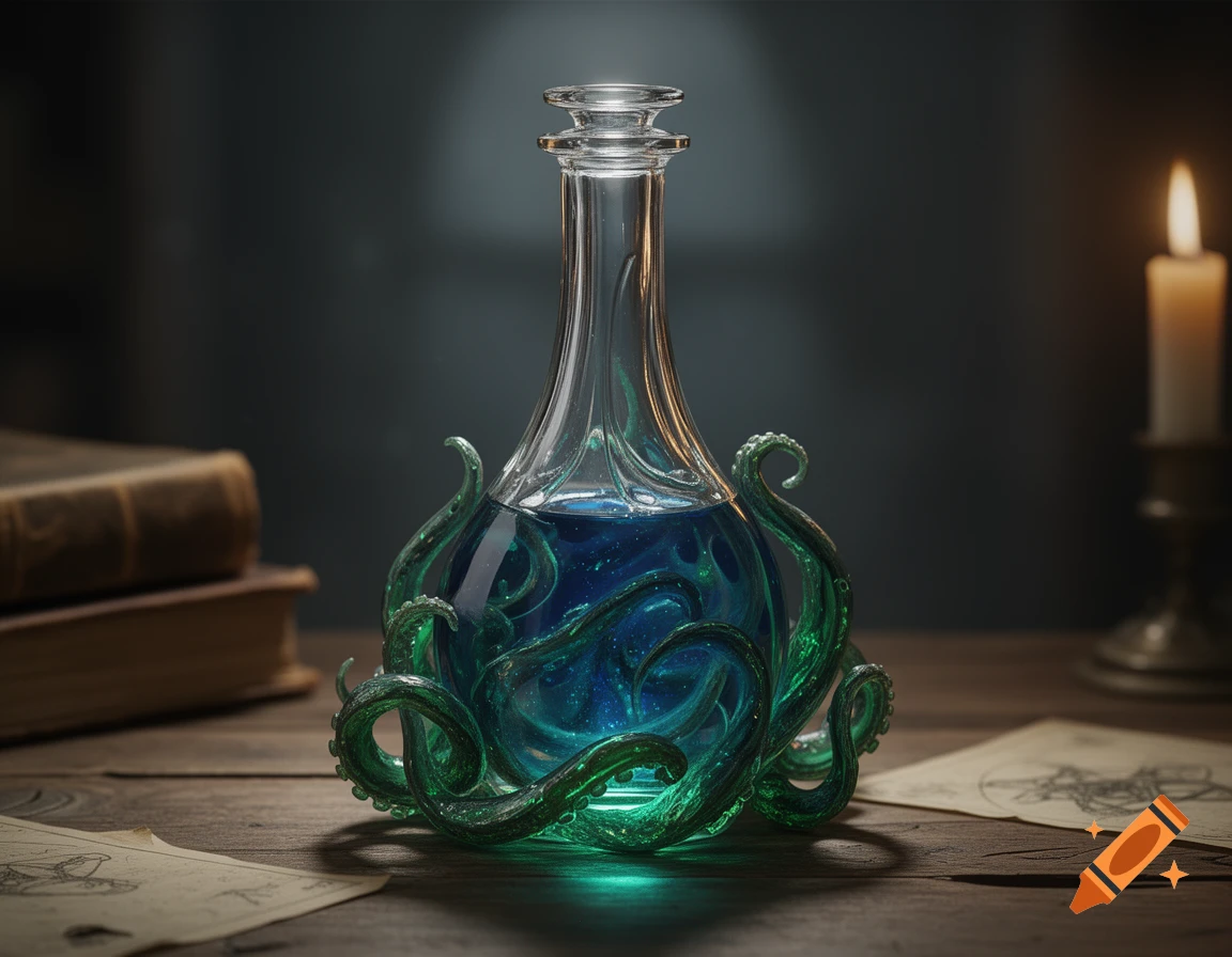 Photorealistic image of a clear potion bottle with glowing blue liquid and green tentacles on a wooden desk with old books and a candle.