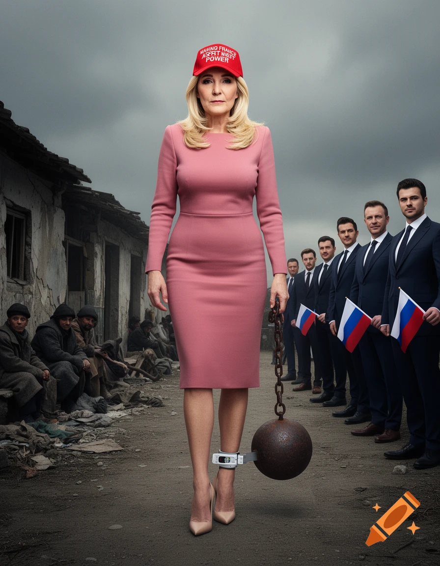 Marine Le Pen in a pink dress and high heels, wearing an ankle shackle with a ball and chain, and a red cap that reads 'MAKING FRANCE A GREAT LEPENIST POWER'. Poor people sit on one side, while men in suits holding Russian flags stand on the other, under a grey sky.