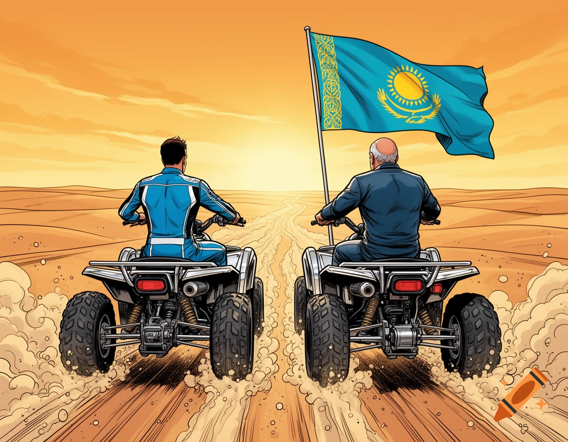 Two men ride ATVs through a sandy desert, kicking up dust, with one holding a Kazakhstan flag, comic book style.