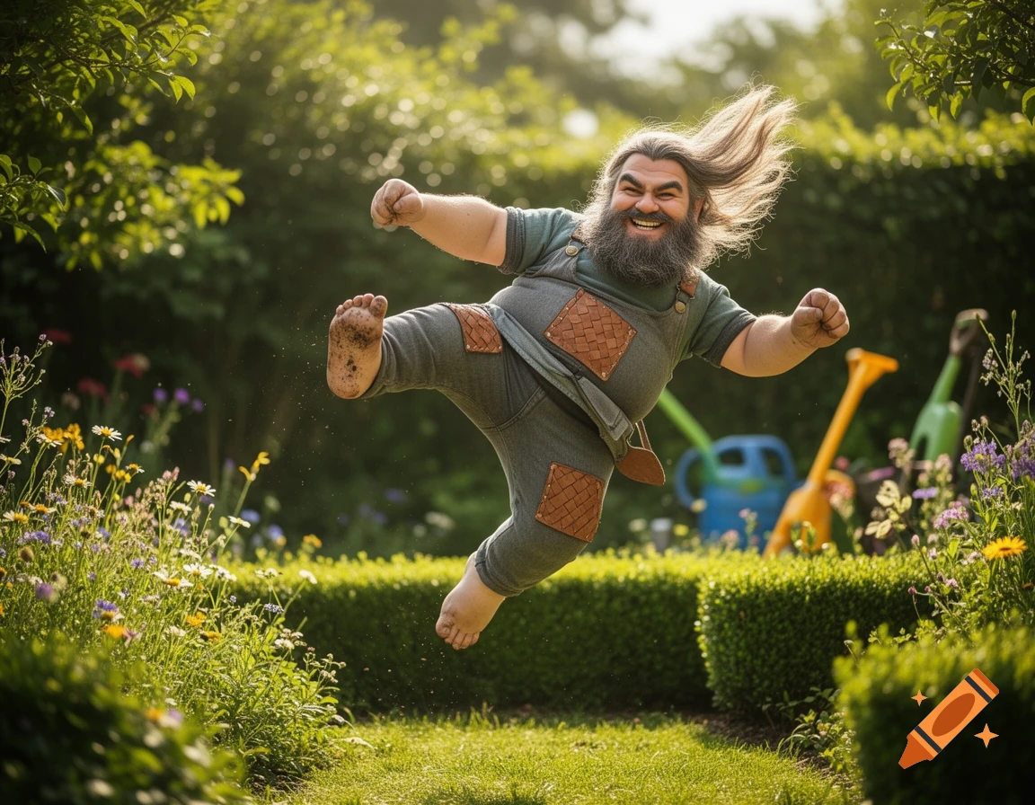 A smiling, bearded man with long hair, dressed in overalls, joyfully jumps barefoot in a vibrant garden, kicking his leg.