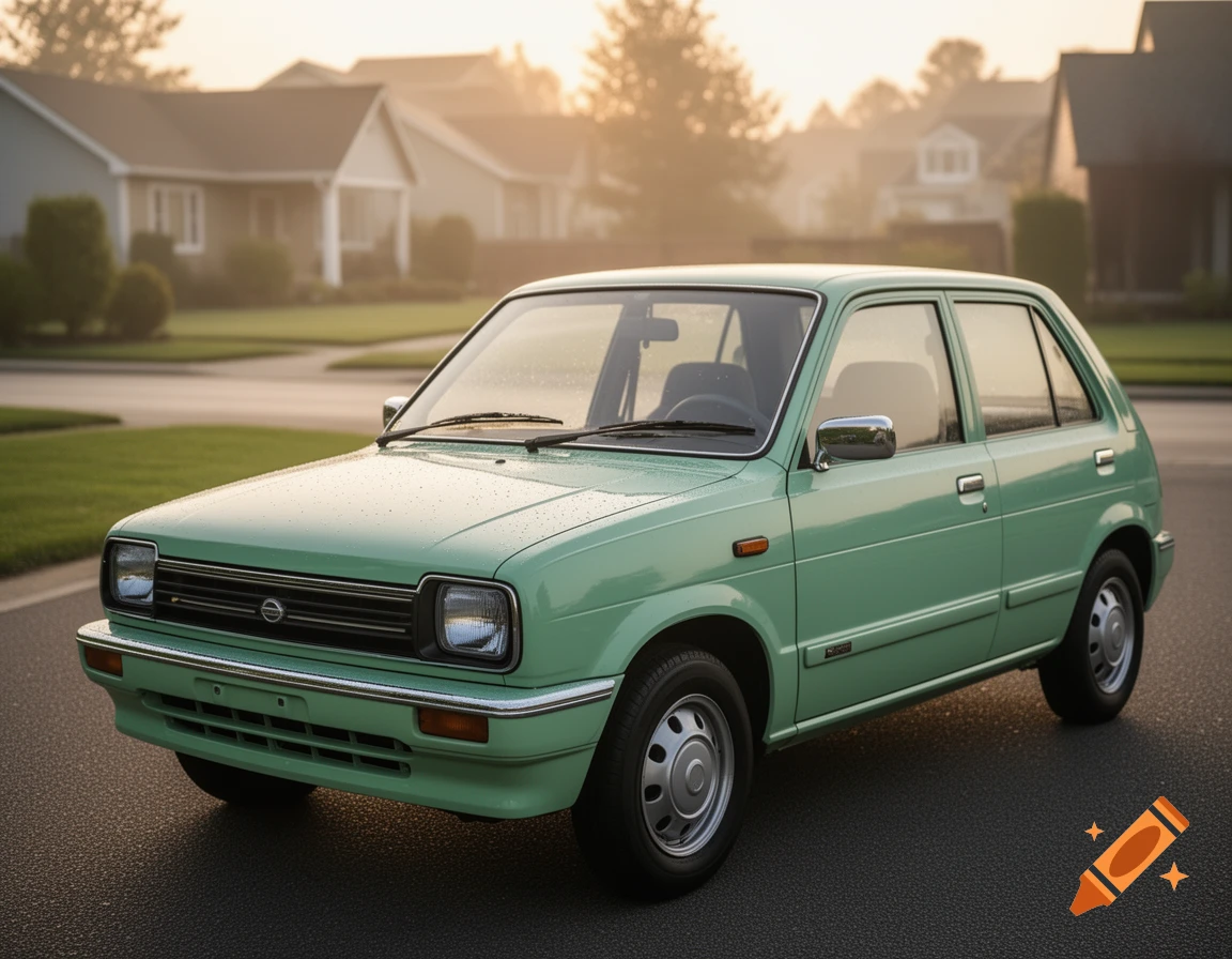 A light green 1991 Nissan Micra K10 parked on an asphalt street in a suburban neighborhood during golden hour.