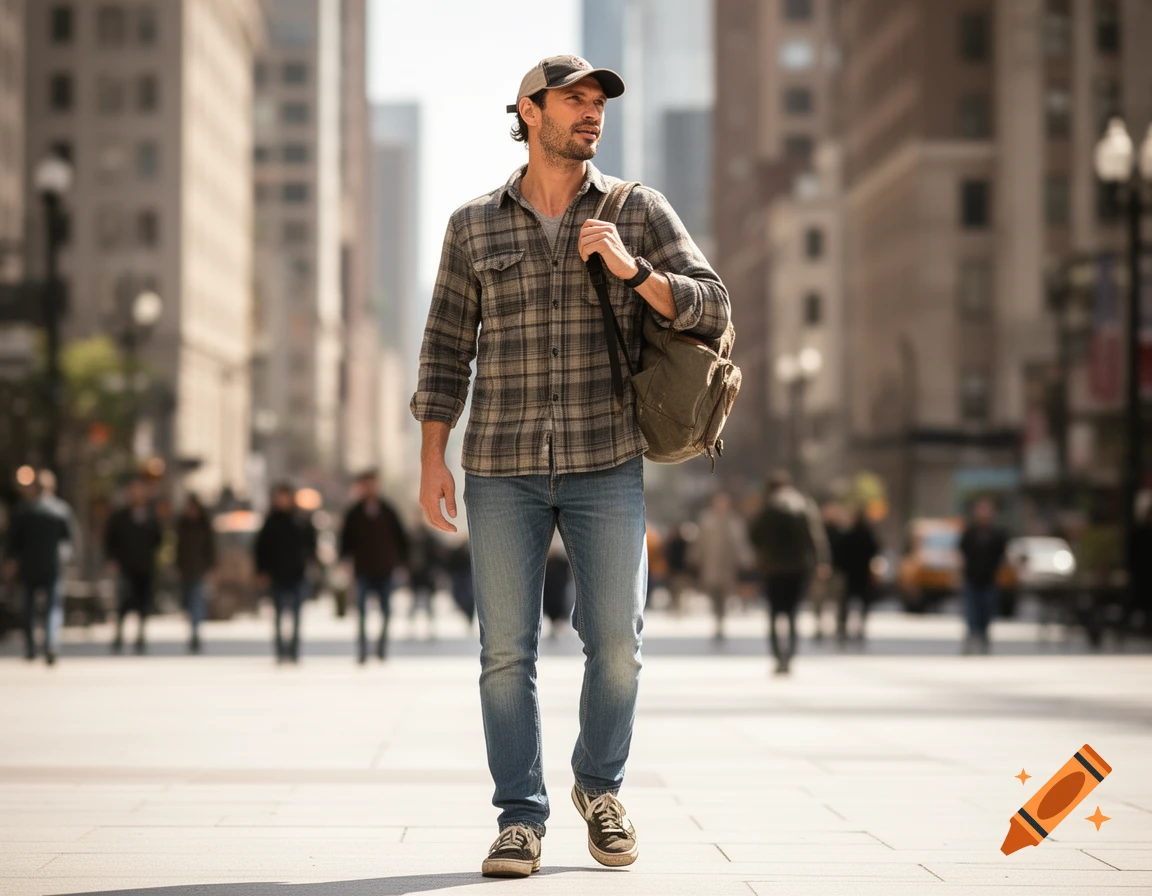 A man in a flannel shirt, jeans, cap, and backpack walks down a sunny city street.