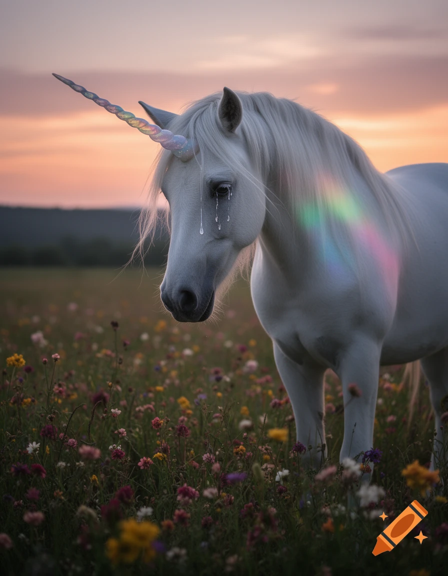 A white unicorn with a rainbow horn cries in a field of colorful wildflowers at sunset.
