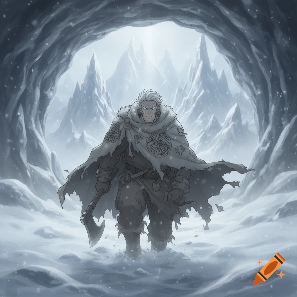 A grizzled warrior with white hair and an axe stands in a snowy cave entrance, looking out at a blizzard and icy mountains.